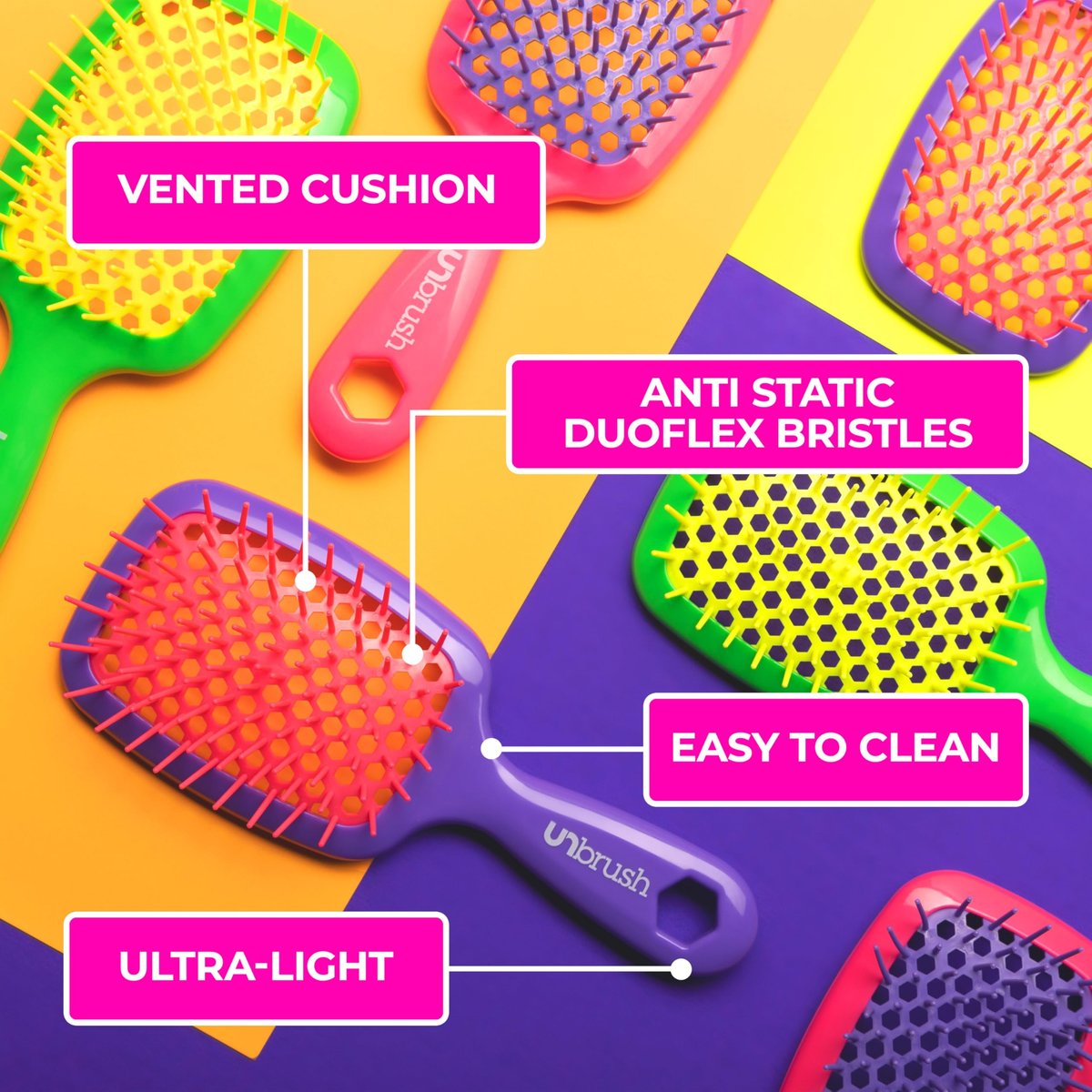 FHI Heat UNbrush Detangling Brush – Pain-Free Brushing for All Hair Types (Wet or Dry) – Durable DuoFlex Anti-Static Bristles, Lightweight Handle, Vented Design – Electric Berry Purple - görsel 9