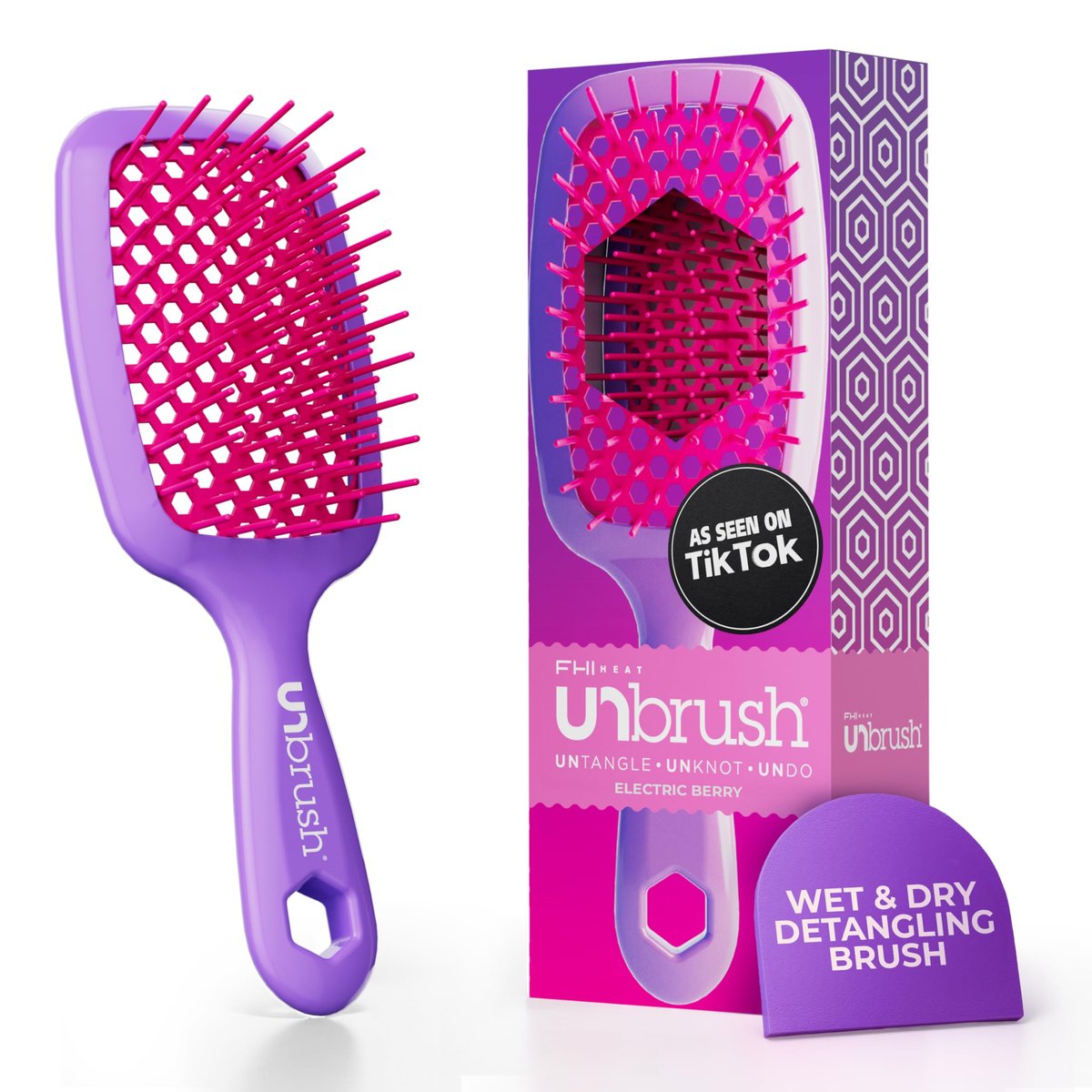 FHI Heat UNbrush Detangling Brush – Pain-Free Brushing for All Hair Types (Wet or Dry) – Durable DuoFlex Anti-Static Bristles, Lightweight Handle, Vented Design – Electric Berry Purple - görsel 1