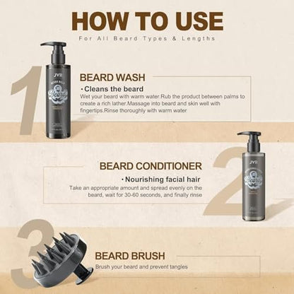 JVR Beard Wash and Beard Conditioner for Men - Organic Beard Shampoo & Conditioner with Coconut and Aloe, Reduces Frizz, Softens and Strengthens Dry Coarse Beards, 6.7 oz Each
