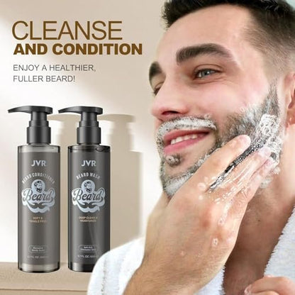 JVR Beard Wash and Beard Conditioner for Men - Organic Beard Shampoo & Conditioner with Coconut and Aloe, Reduces Frizz, Softens and Strengthens Dry Coarse Beards, 6.7 oz Each