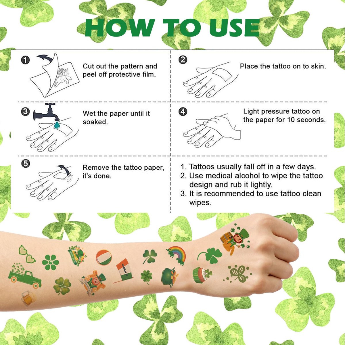 jejucy St. Patrick's Day Temporary Tattoos - 16 Unique Sheets of Shamrock, Gnomes & Hat Face Stickers for Irish Celebrations - görsel 9