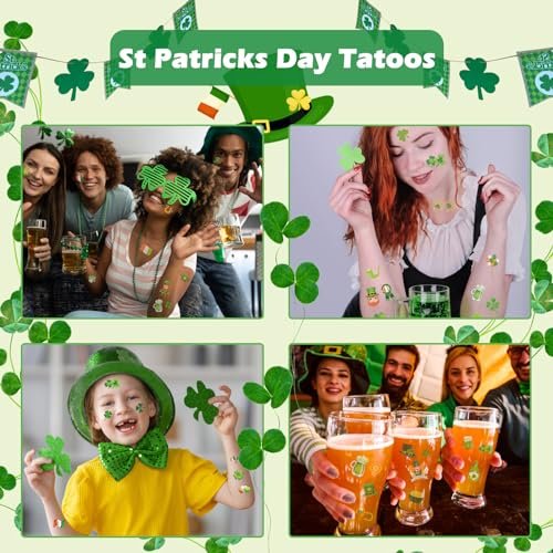 jejucy St. Patrick's Day Temporary Tattoos - 16 Unique Sheets of Shamrock, Gnomes & Hat Face Stickers for Irish Celebrations - görsel 12