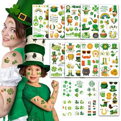 jejucy St. Patrick's Day Temporary Tattoos - 16 Unique Sheets of Shamrock, Gnomes & Hat Face Stickers for Irish Celebrations