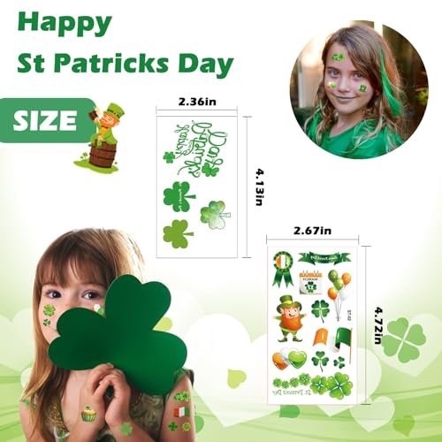 jejucy St. Patrick's Day Temporary Tattoos - 16 Unique Sheets of Shamrock, Gnomes & Hat Face Stickers for Irish Celebrations - görsel 4
