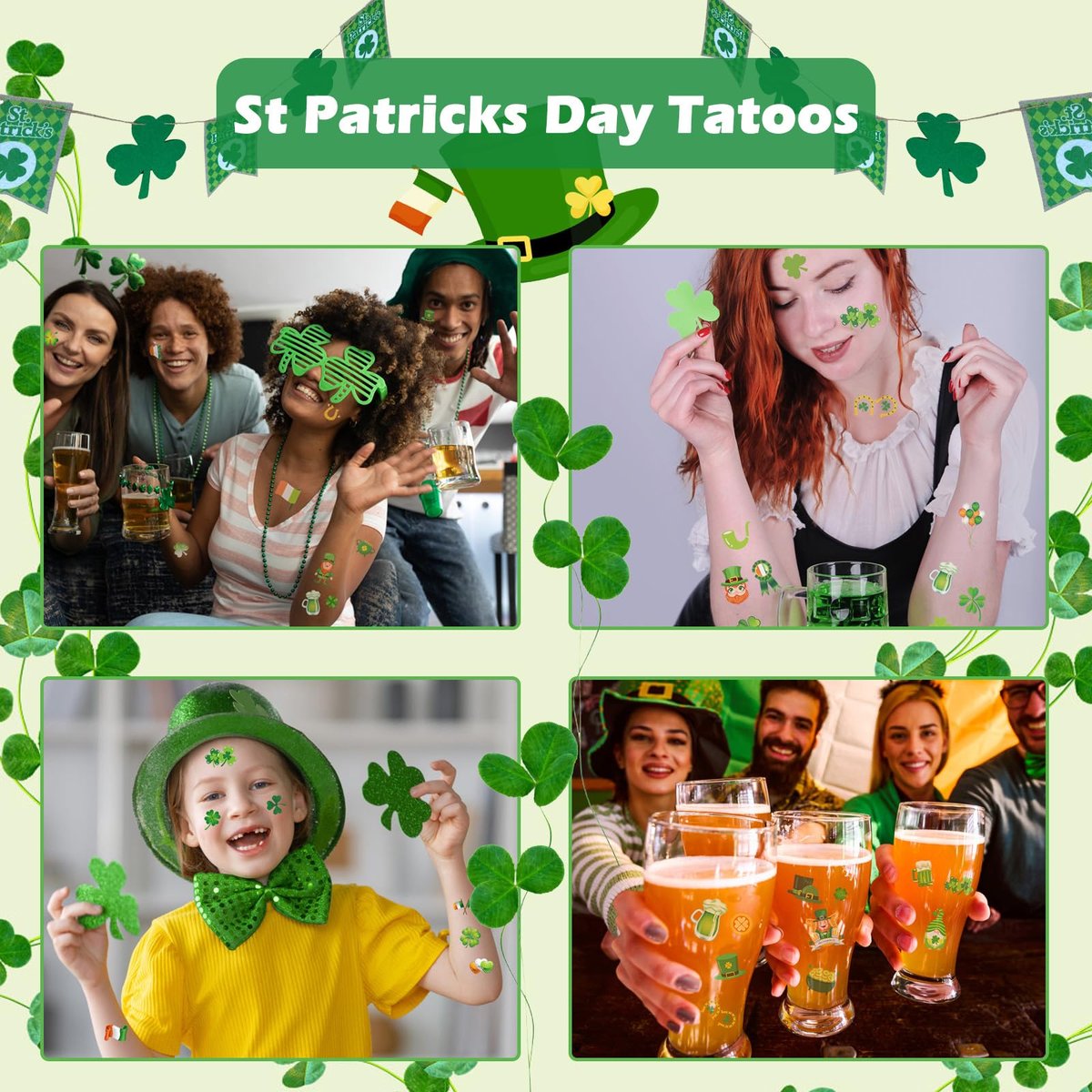 jejucy St. Patrick's Day Temporary Tattoos - 16 Unique Sheets of Shamrock, Gnomes & Hat Face Stickers for Irish Celebrations - görsel 11