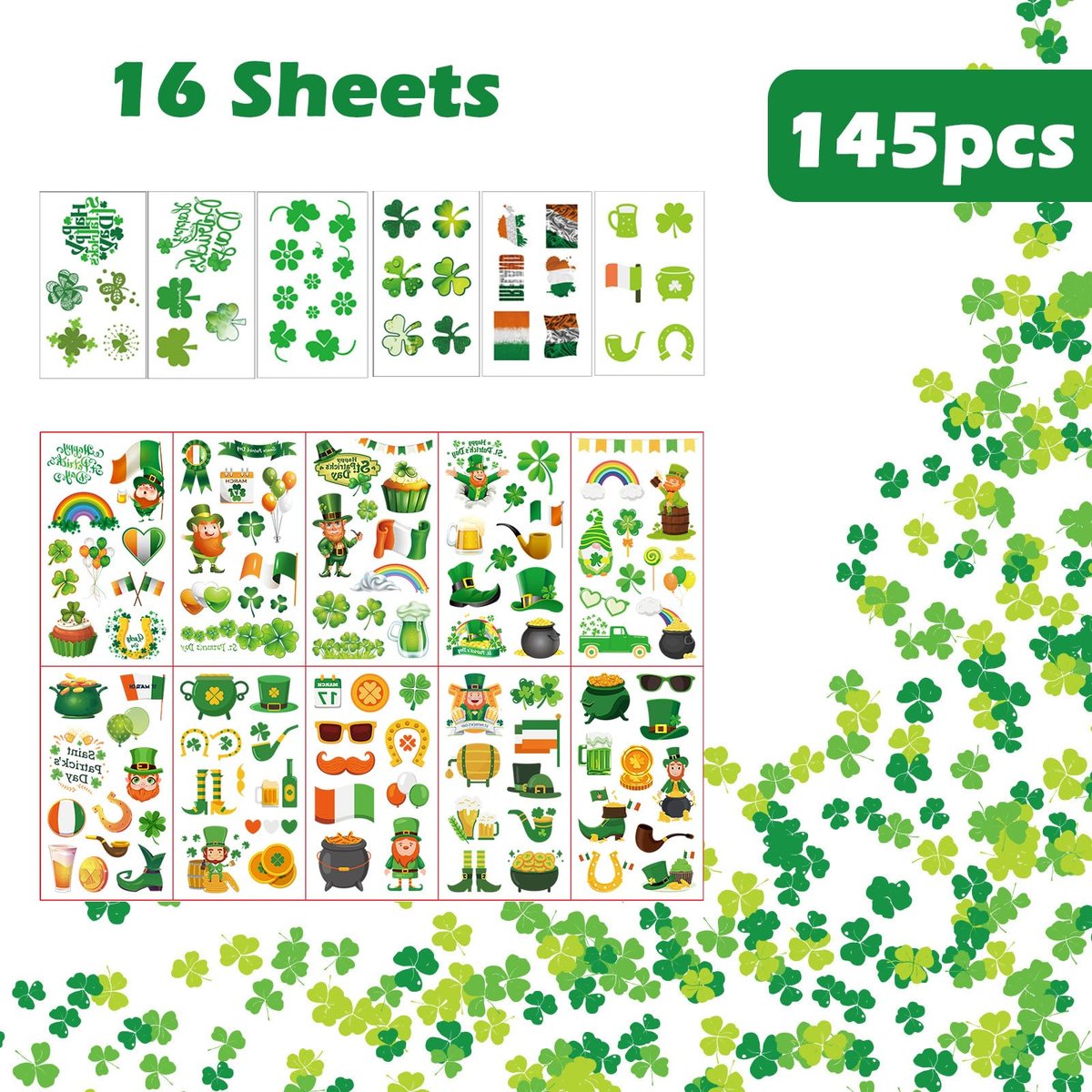 jejucy St. Patrick's Day Temporary Tattoos - 16 Unique Sheets of Shamrock, Gnomes & Hat Face Stickers for Irish Celebrations - görsel 5