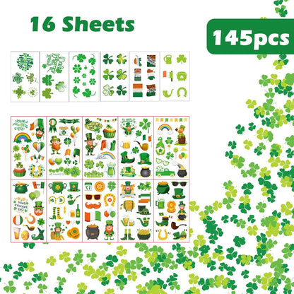 jejucy St. Patrick's Day Temporary Tattoos - 16 Unique Sheets of Shamrock, Gnomes & Hat Face Stickers for Irish Celebrations