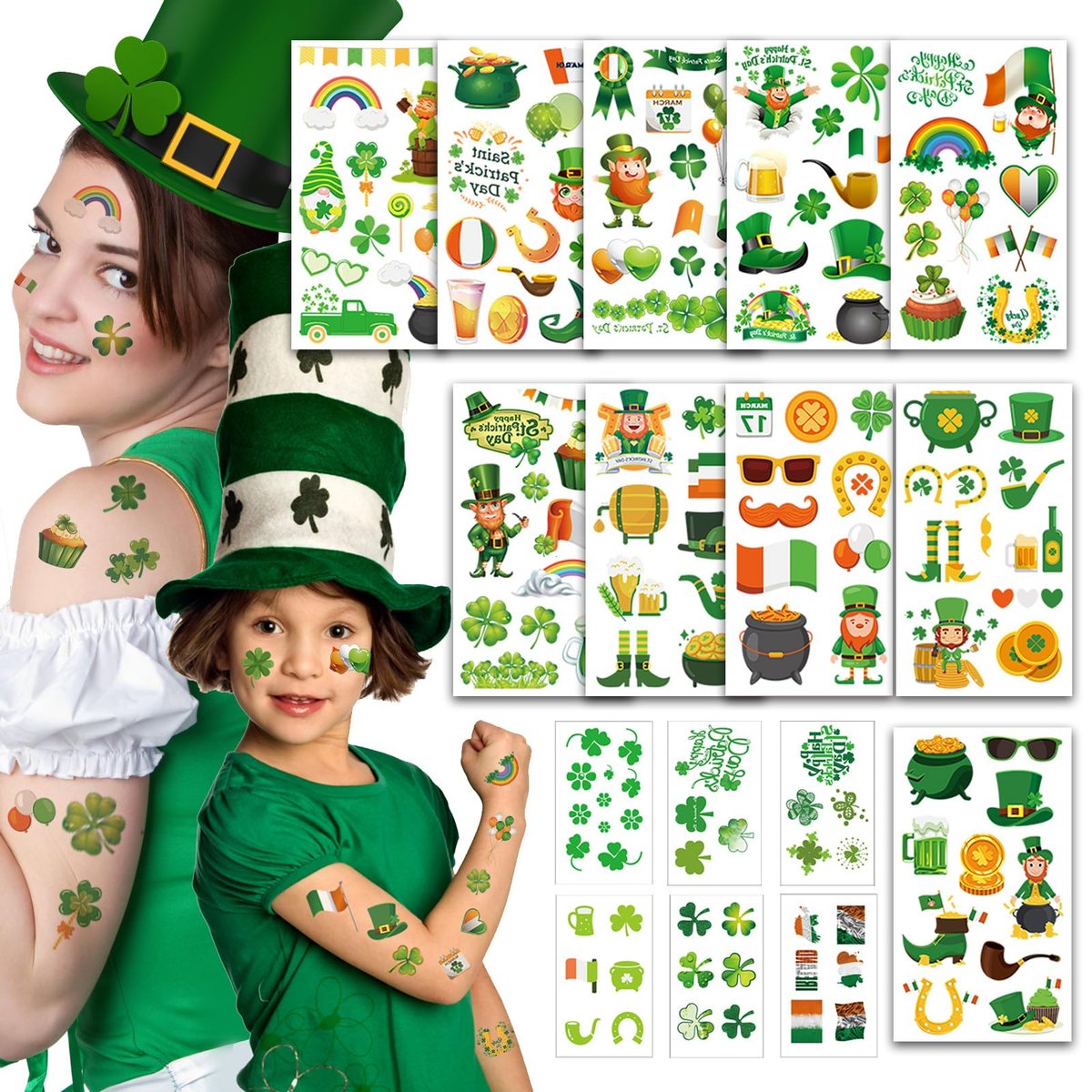 jejucy St. Patrick's Day Temporary Tattoos - 16 Unique Sheets of Shamrock, Gnomes & Hat Face Stickers for Irish Celebrations - görsel 1