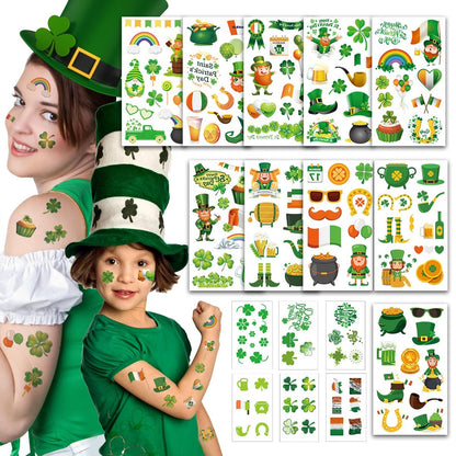 jejucy St. Patrick's Day Temporary Tattoos - 16 Unique Sheets of Shamrock, Gnomes & Hat Face Stickers for Irish Celebrations