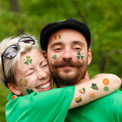 jejucy St. Patrick's Day Temporary Tattoos - 16 Unique Sheets of Shamrock, Gnomes & Hat Face Stickers for Irish Celebrations