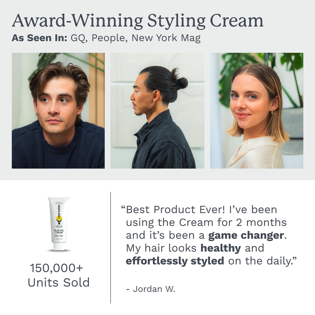 Highland Glacial Cream - Hair Styling Cream - Smooths, Hydrates, De-Frizzes, Texturizes & Defines - Low Hold Matte Finish for All Hair Types - 2.5 oz Avelisse