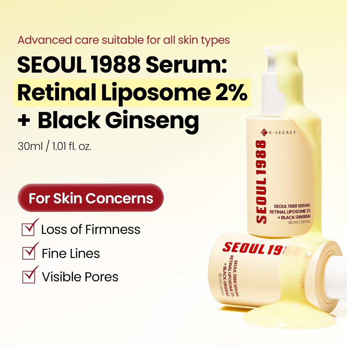 K-SECRET SEOUL 1988 Retinal Serum – Advanced Retinal Liposome 2% & Black Ginseng Extract for Fine Lines & Texture Care, Korean Skincare, 30ml Avelisse