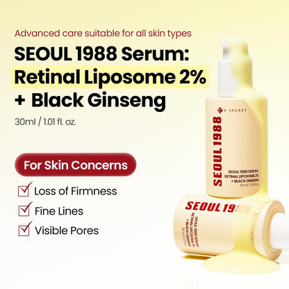 K-SECRET SEOUL 1988 Retinal Serum – Advanced Retinal Liposome 2% & Black Ginseng Extract for Fine Lines & Texture Care, Korean Skincare, 30ml Avelisse