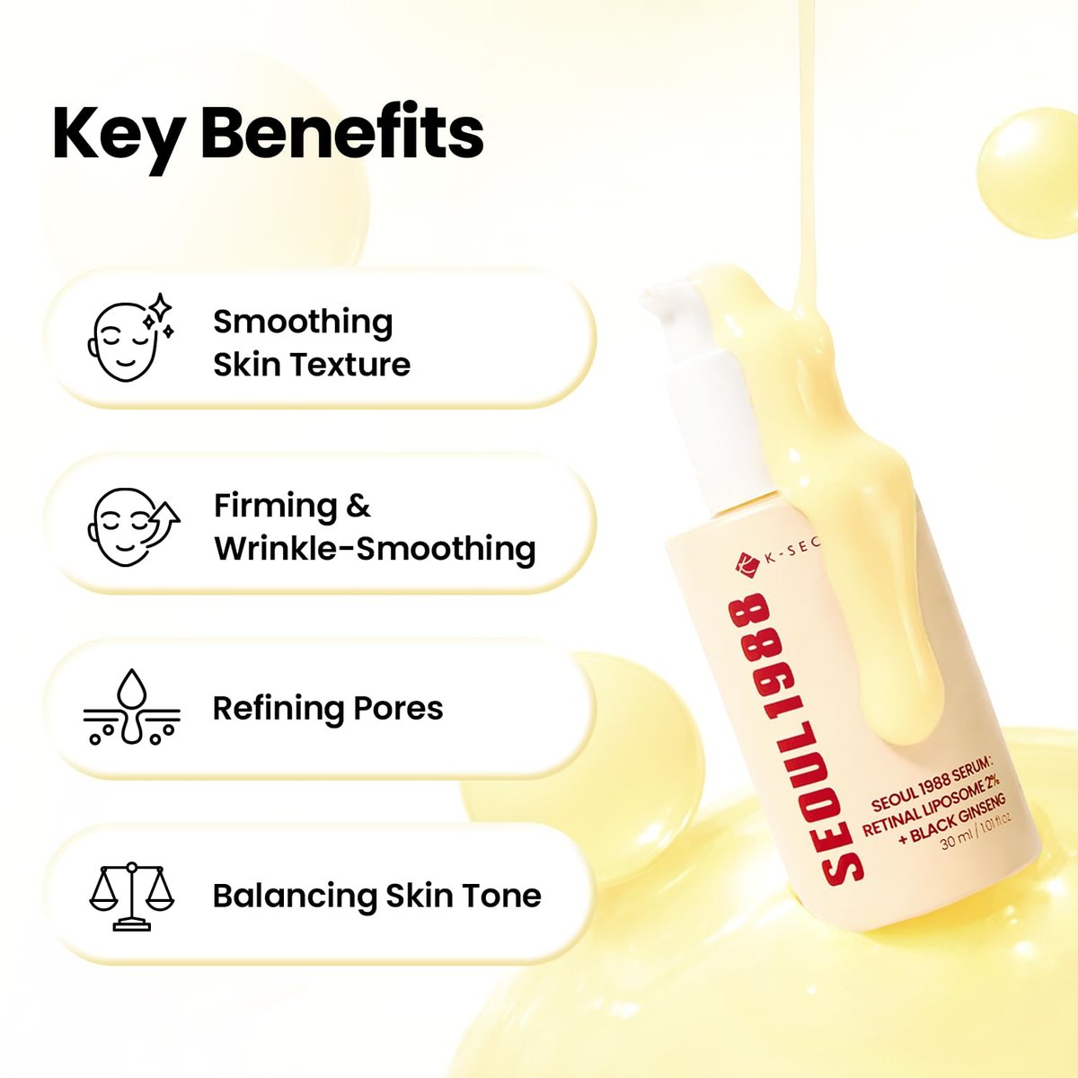 K-SECRET SEOUL 1988 Retinal Serum – Advanced Retinal Liposome 2% & Black Ginseng Extract for Fine Lines & Texture Care, Korean Skincare, 30ml Avelisse