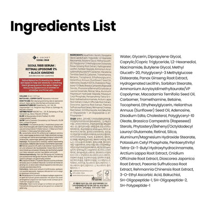 K-SECRET SEOUL 1988 Retinal Serum – Advanced Retinal Liposome 2% & Black Ginseng Extract for Fine Lines & Texture Care, Korean Skincare, 30ml Avelisse