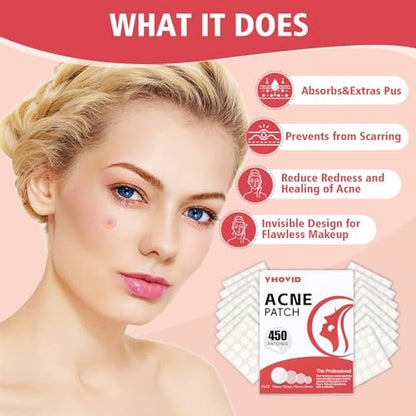 450 Pimple Patches for Face, Hydrocolloid Acne Patches, Invisible Zit Covers, 4 Sizes