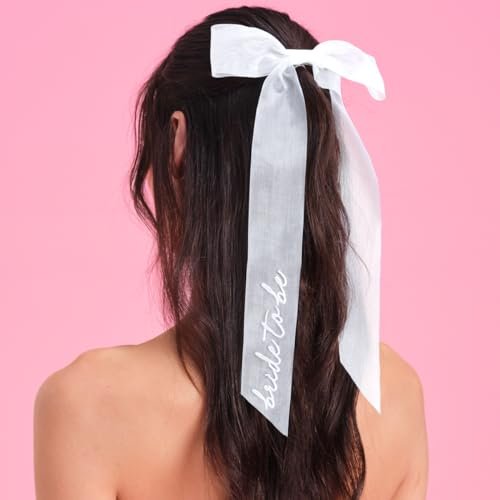 xo, Fetti Bride to Be Embroidered Hair Bow - White Organza Bachelorette Party Decorations, Bridal Shower Supplies, Wedding Hair Accessory - görsel 2