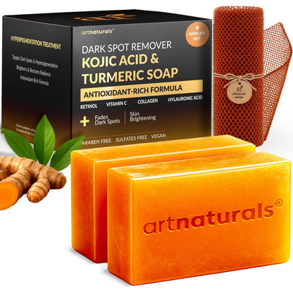 Artnaturals Kojic Acid & Turmeric Dark Spot Remover Soap Bars with Vitamin C, Retinol, Collagen & Shea Butter - Original Japanese Complex Infused with Hyaluronic Acid - Includes African Net Sponge, 2 Pack
