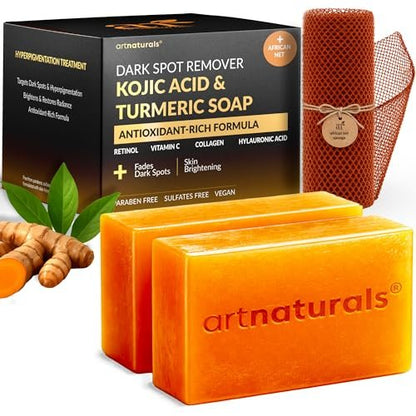 Artnaturals Kojic Acid & Turmeric Dark Spot Remover Soap Bars with Vitamin C, Retinol, Collagen & Shea Butter - Original Japanese Complex Infused with Hyaluronic Acid - Includes African Net Sponge, 2 Pack