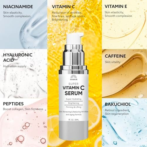 Super Vitamin C Serum for Women Over 70 - Anti-Aging Face Serum with Niacinamide, Bakuchiol, Hyaluronic Acid - Hydrating, Lifting, Reduces Aging Spots and Wrinkles - Korean Skin Care, 1 fl oz Avelisse