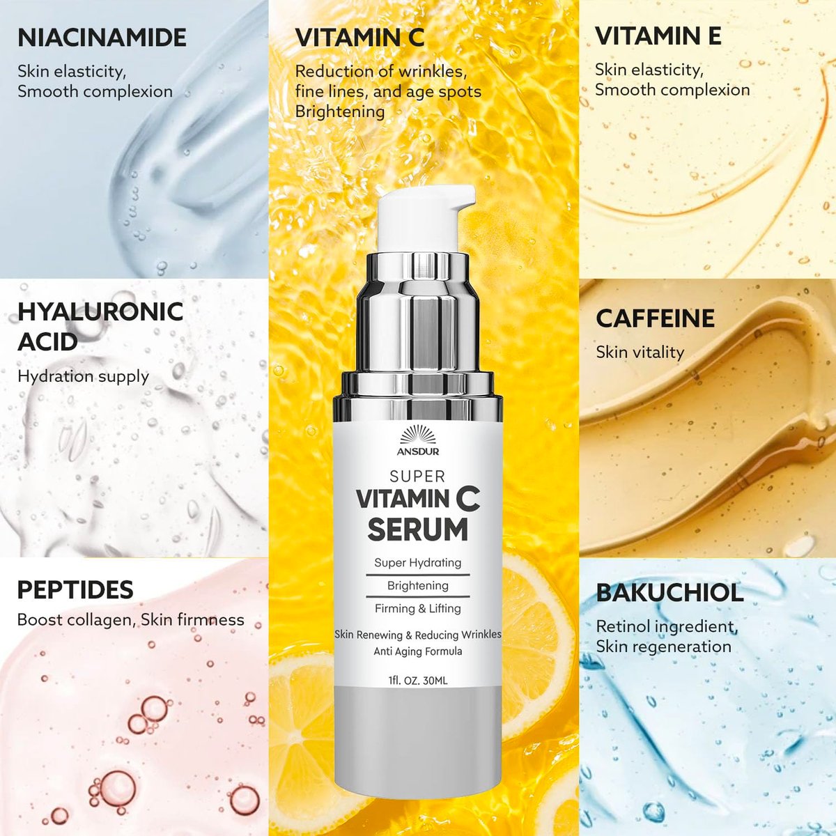 Super Vitamin C Serum for Women Over 70 - Anti-Aging Face Serum with Niacinamide, Bakuchiol, Hyaluronic Acid - Hydrating, Lifting, Reduces Aging Spots and Wrinkles - Korean Skin Care, 1 fl oz Avelisse