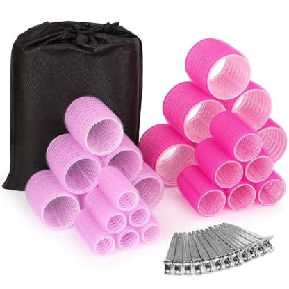 36-Piece Hair Rollers Set with Clips - 4 Sizes for Long Thick Hair, Pink Plastic Curlers