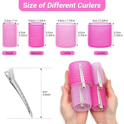 36-Piece Hair Rollers Set with Clips - 4 Sizes for Long Thick Hair, Pink Plastic Curlers
