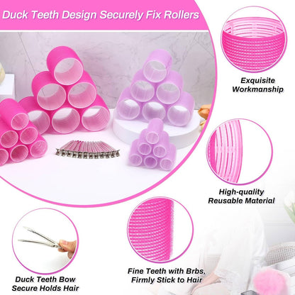 36-Piece Hair Rollers Set with Clips - 4 Sizes for Long Thick Hair, Pink Plastic Curlers