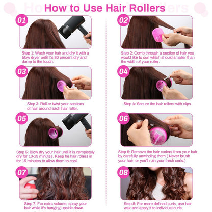 36-Piece Hair Rollers Set with Clips - 4 Sizes for Long Thick Hair, Pink Plastic Curlers