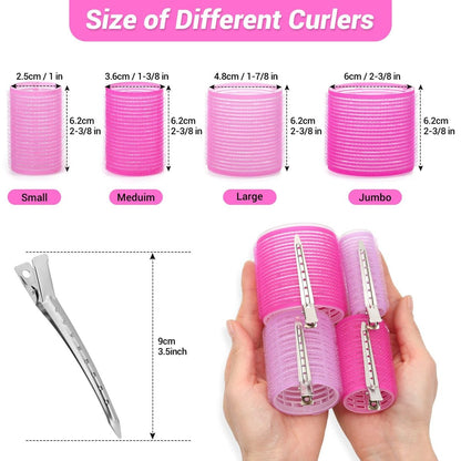 36-Piece Hair Rollers Set with Clips - 4 Sizes for Long Thick Hair, Pink Plastic Curlers