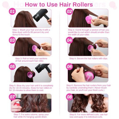 36-Piece Hair Rollers Set with Clips - 4 Sizes for Long Thick Hair, Pink Plastic Curlers