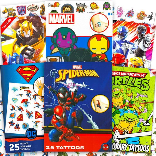 Superhero Tattoos Ultimate Set - 150 Pcs Temporary Tattoos for Kids Featuring Marvel, Avengers, Superman, TMNT, Power Rangers & Transformers