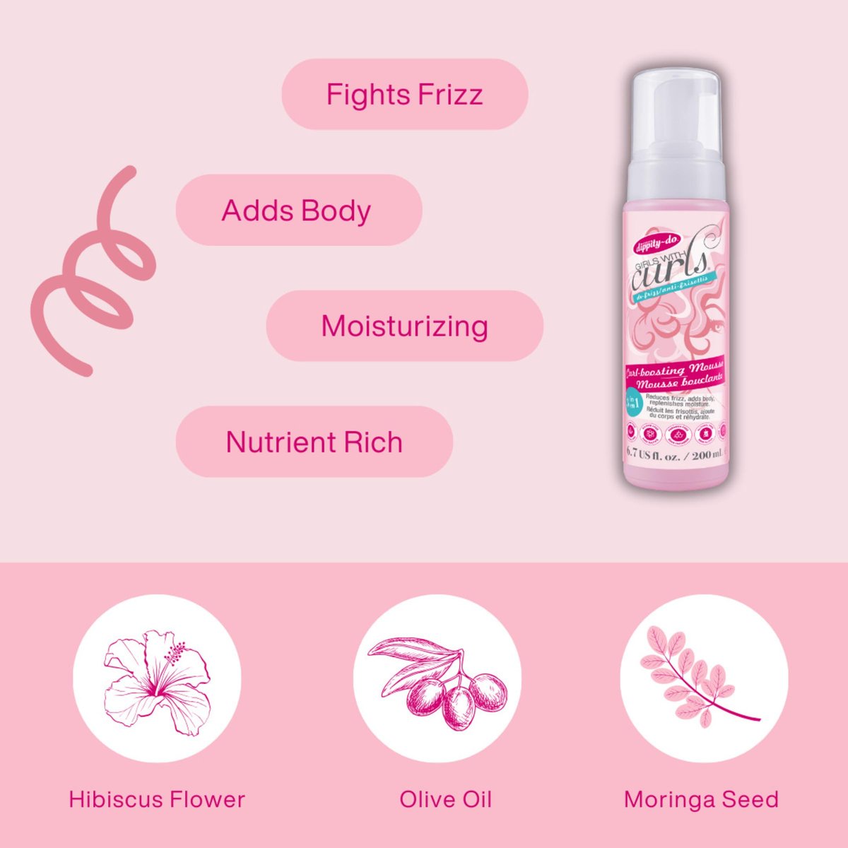 Dippity Do Girls With Curls Curl Enhancing Mousse, Light, 3-in-1 Defining Foaming Mousse for Curly Wavy Hair, Hibiscus & Olive Oil, Anti Frizz Bouncy Curls, Alcohol Free, 2 Pack Avelisse