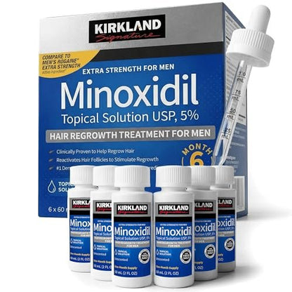 Kirkland Minoxidil Liquid Extra Strength Hair Regrowth Treatment for Men, 5% Topical Solution, 6 Months Supply with Dropper Applicator and Bonus Guide Avelisse