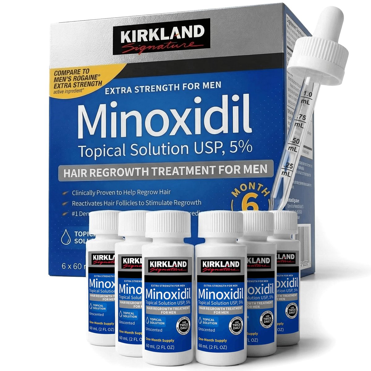 Kirkland Minoxidil Liquid Extra Strength Hair Regrowth Treatment for Men, 5% Topical Solution, 6 Months Supply with Dropper Applicator and Bonus Guide Avelisse