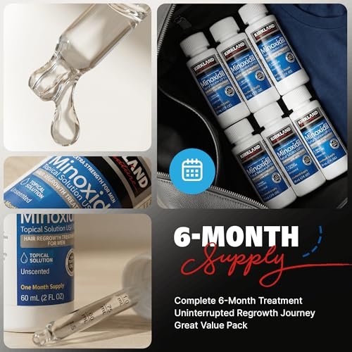 Kirkland Minoxidil Liquid Extra Strength Hair Regrowth Treatment for Men, 5% Topical Solution, 6 Months Supply with Dropper Applicator and Bonus Guide Avelisse