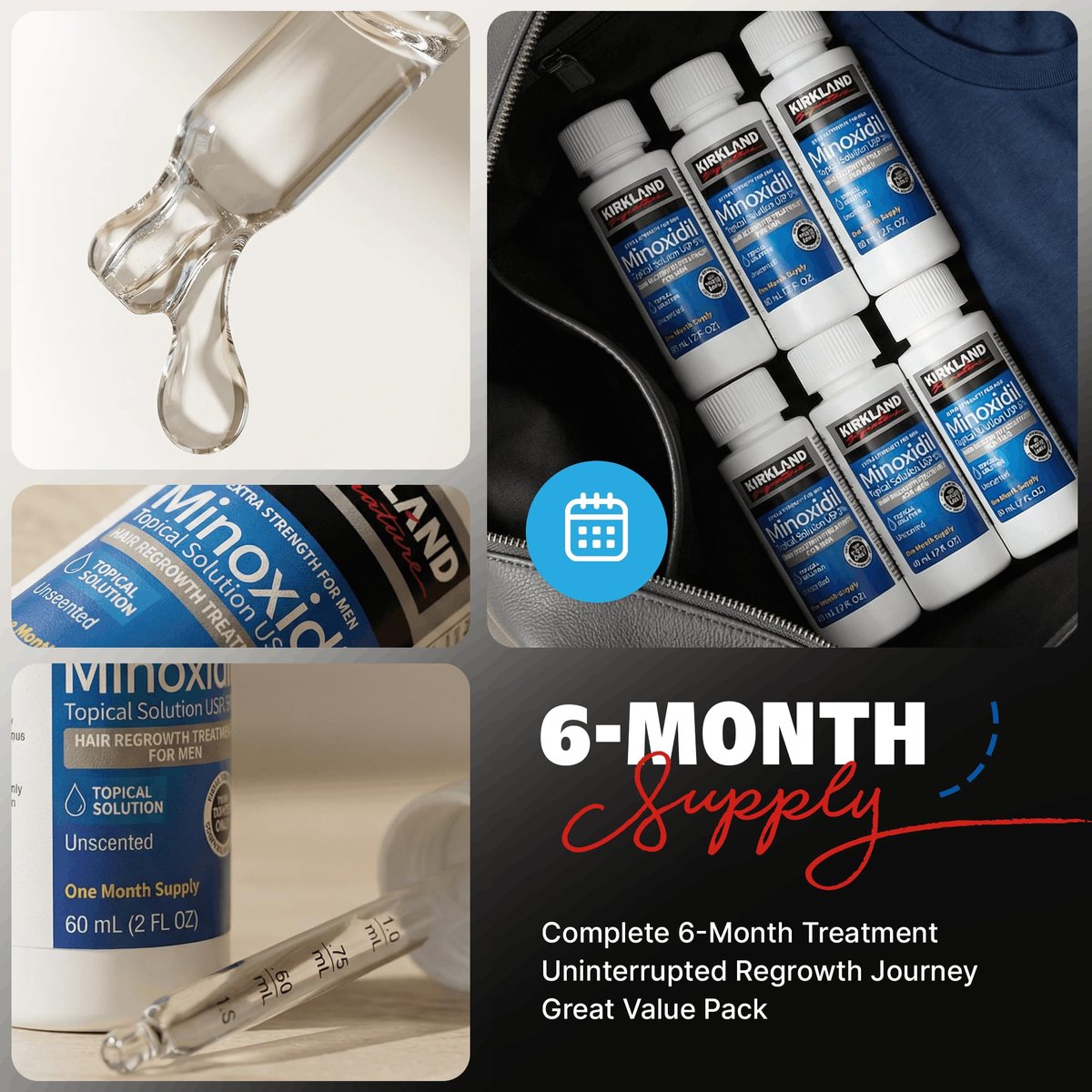 Kirkland Minoxidil Liquid Extra Strength Hair Regrowth Treatment for Men, 5% Topical Solution, 6 Months Supply with Dropper Applicator and Bonus Guide Avelisse