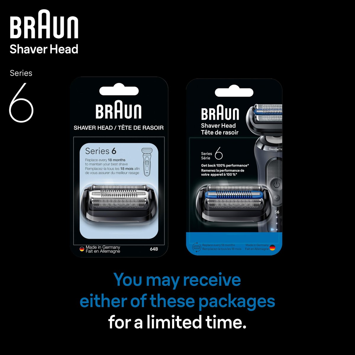 Braun Series 6 Electric Shaver Replacement Head with Sensitive Skinguard, 64B, Black - Compatible with New Generation Series 6 Shavers Avelisse