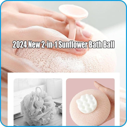 2-in-1 Sunflower Bath Ball – Super Soft Exfoliating Sponge with Suction Cup for Back Scrub, Shower Puffs for Women and Men (Beige)