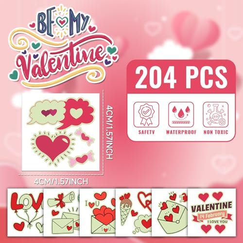 EMOME 204 PCS Individually Wrapped Valentine Luminous Temporary Tattoos for Kids – Glow Kiss Heart Tattoo Stickers, Party Favors & Decorations - görsel 12