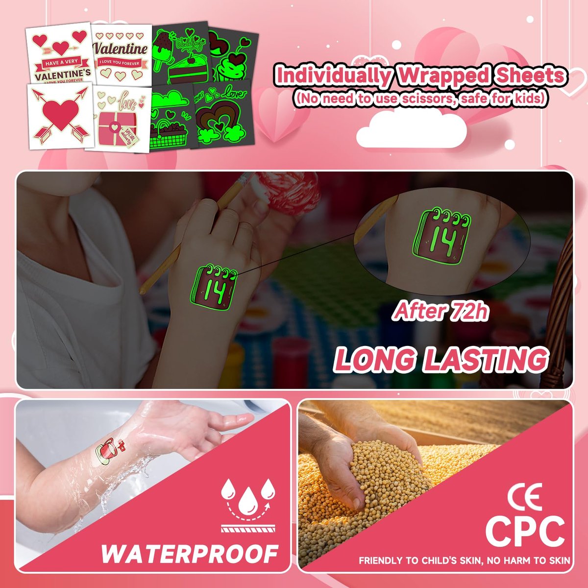 EMOME 204 PCS Individually Wrapped Valentine Luminous Temporary Tattoos for Kids – Glow Kiss Heart Tattoo Stickers, Party Favors & Decorations - görsel 9