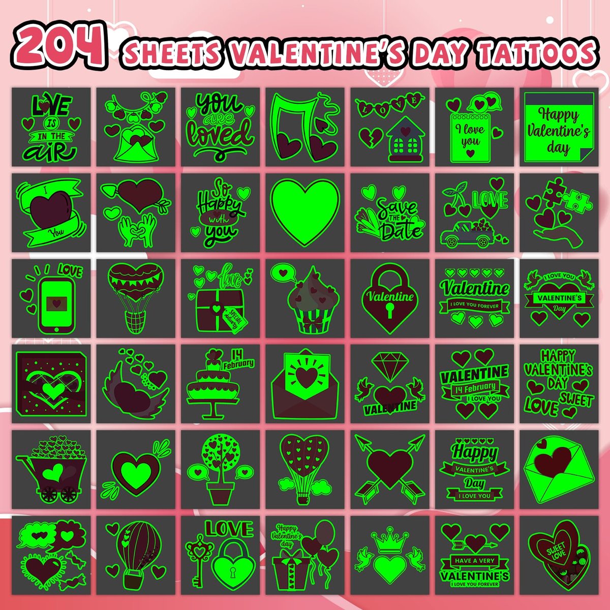 EMOME 204 PCS Individually Wrapped Valentine Luminous Temporary Tattoos for Kids – Glow Kiss Heart Tattoo Stickers, Party Favors & Decorations - görsel 3