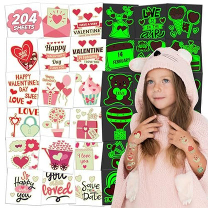 EMOME 204 PCS Individually Wrapped Valentine Luminous Temporary Tattoos for Kids – Glow Kiss Heart Tattoo Stickers, Party Favors & Decorations