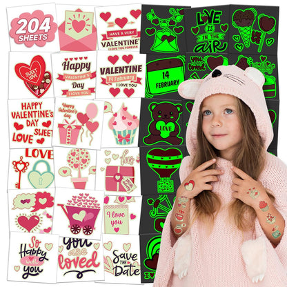 EMOME 204 PCS Individually Wrapped Valentine Luminous Temporary Tattoos for Kids – Glow Kiss Heart Tattoo Stickers, Party Favors & Decorations