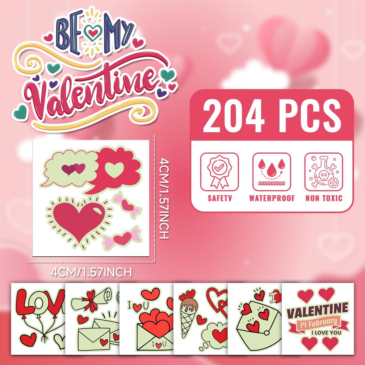 EMOME 204 PCS Individually Wrapped Valentine Luminous Temporary Tattoos for Kids – Glow Kiss Heart Tattoo Stickers, Party Favors & Decorations - görsel 11