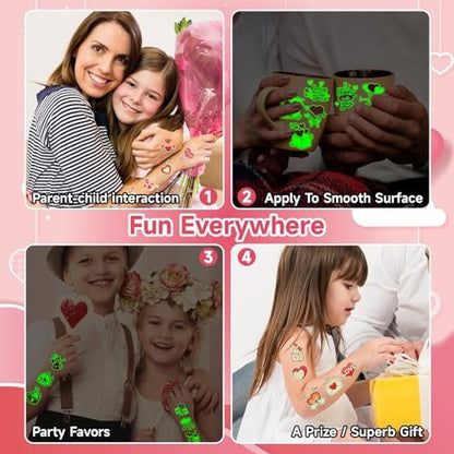 EMOME 204 PCS Individually Wrapped Valentine Luminous Temporary Tattoos for Kids – Glow Kiss Heart Tattoo Stickers, Party Favors & Decorations