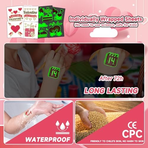 EMOME 204 PCS Individually Wrapped Valentine Luminous Temporary Tattoos for Kids – Glow Kiss Heart Tattoo Stickers, Party Favors & Decorations - görsel 10