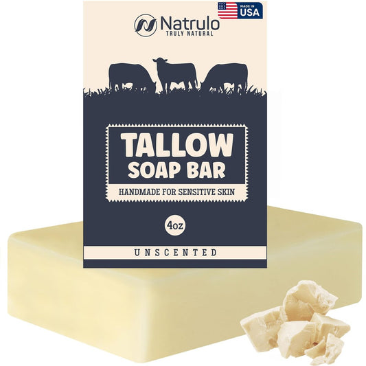 Natrulo Beef Tallow Soap Bar – All Natural Grass Fed Tallow Soap Unscented – Moisturizing Face & Body Wash for Eczema, Dry, Itchy, Sensitive Skin – Handcrafted Bath Soap for Adults, Kids, Made in USA