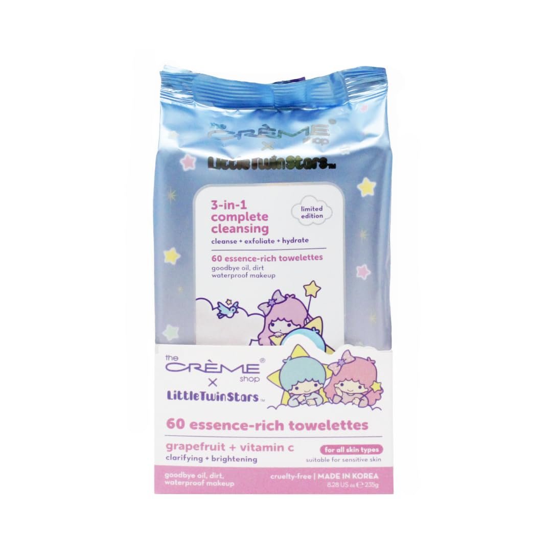 The Crème Shop Little Twin Stars 3-In-1 Complete Cleansing Wipes - Grapefruit Makeup Remover | Hydrating Facial Wipes (60 Count) - görsel 1