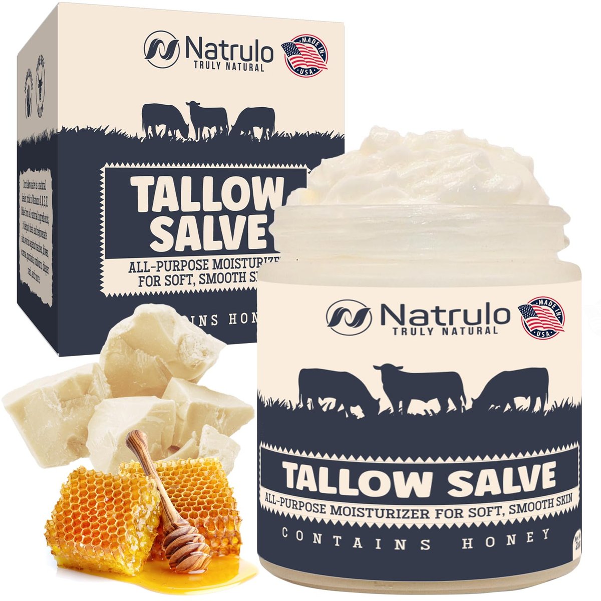 Natrulo Beef Tallow Salve – All Natural Grass Fed Beef Tallow & Honey All Purpose Balm for Eczema, Dry, Itchy, Irritated Skin – Moisturizing Body Salve, Skin Repair Skincare, 2 oz - görsel 1